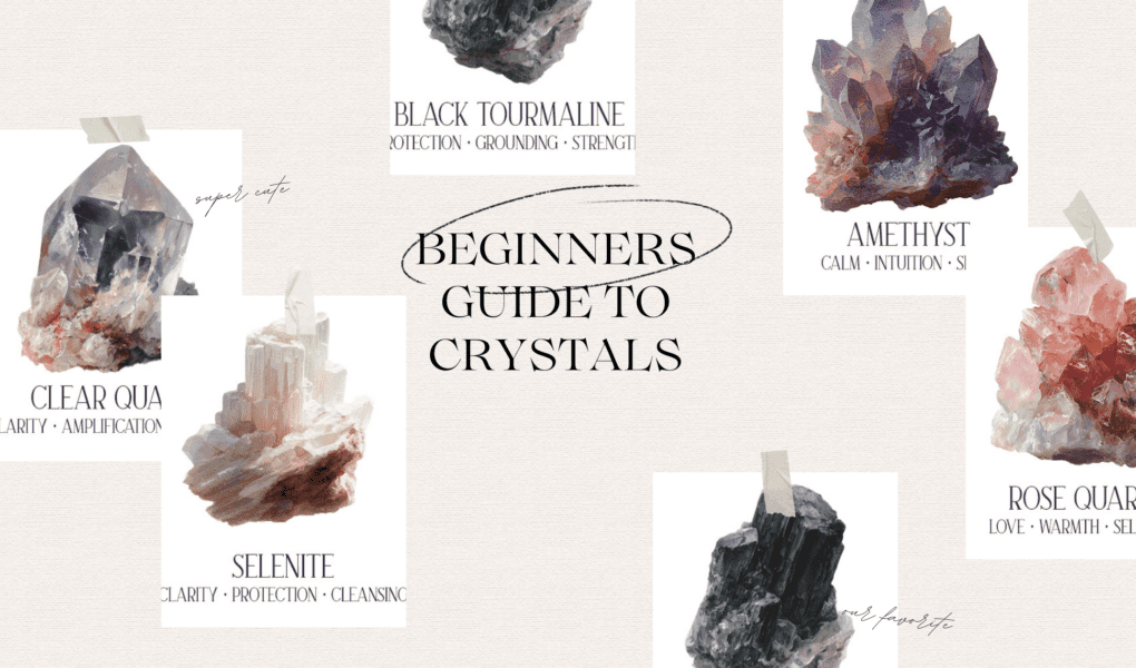 Crystal collection flatlay with amethyst, selenite, rose quartz, clear quartz and black tourmaline — beginner's guide to crystals for the home