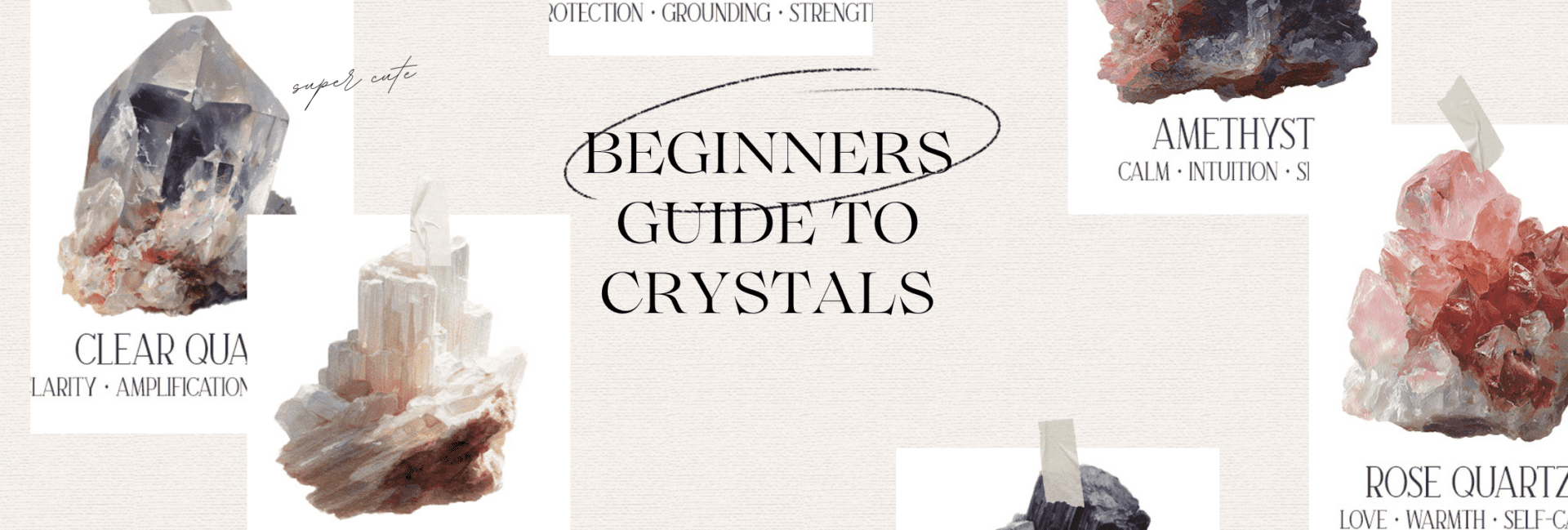Crystal collection flatlay with amethyst, selenite, rose quartz, clear quartz and black tourmaline — beginner's guide to crystals for the home