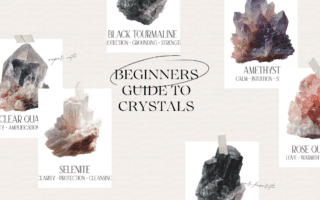 Crystal collection flatlay with amethyst, selenite, rose quartz, clear quartz and black tourmaline — beginner's guide to crystals for the home