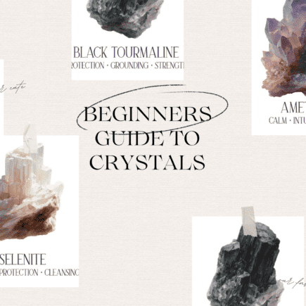 Crystal collection flatlay with amethyst, selenite, rose quartz, clear quartz and black tourmaline — beginner's guide to crystals for the home