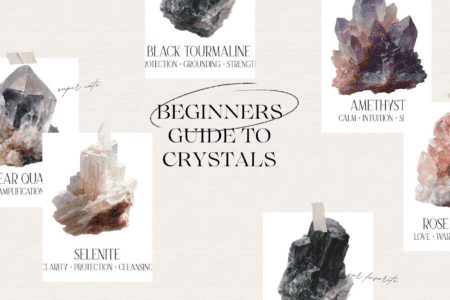 Crystal collection flatlay with amethyst, selenite, rose quartz, clear quartz and black tourmaline — beginner's guide to crystals for the home