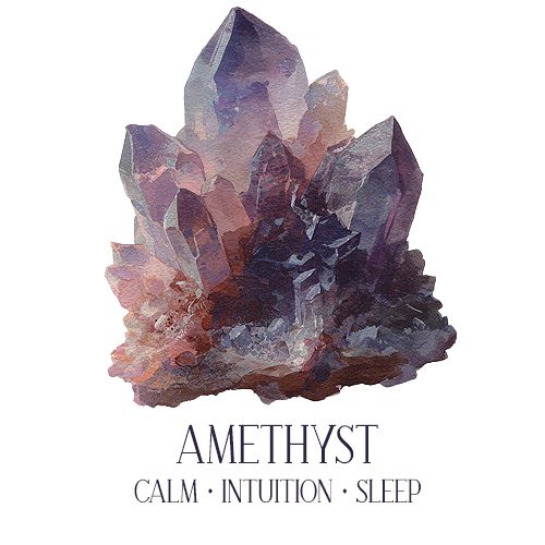 Raw amethyst crystal watercolor illustration — calm, intuition and sleep crystal for beginners