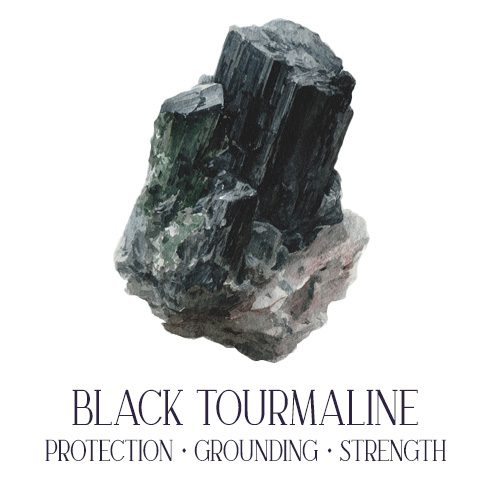 Black tourmaline raw crystal watercolor illustration — protective stone for entryways and windows