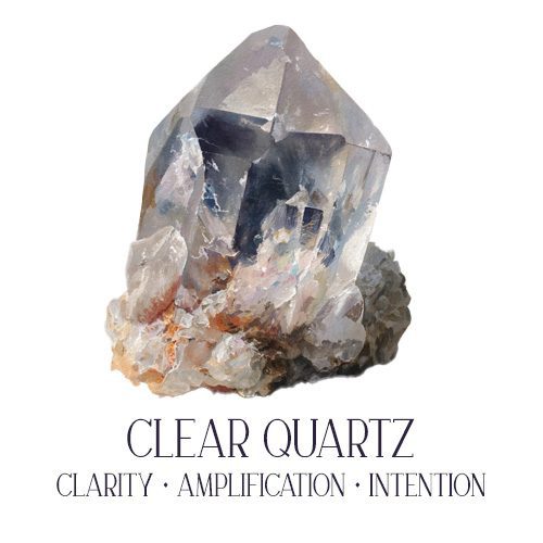 Clear quartz crystal point watercolor illustration — amplifying and clarifying crystal for any room