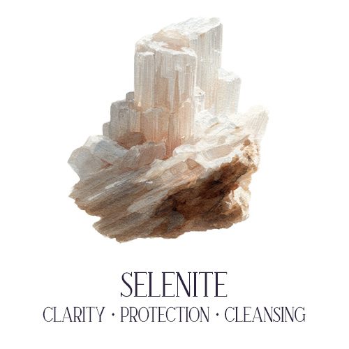Selenite wand crystal watercolor illustration — cleansing and protective crystal for the home