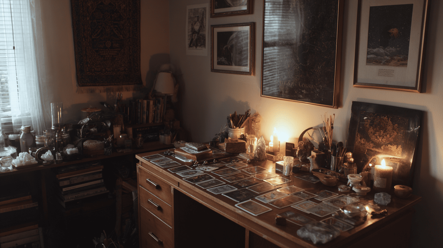 Witchy Desk full of Tarot Cards and Candles